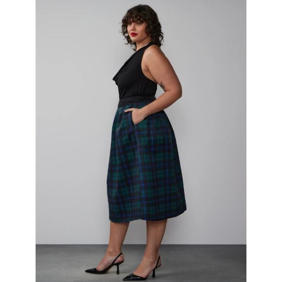 New York & Company Plus Tartan Midi Skirt in Runaway Navy - Picture 2 of 10